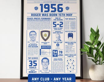 1956 Personalised Football Fact Print – Any Year, Any Club –  Football Birthday Gift, Football print, 70th birthday Gifts, Football Fan Gift