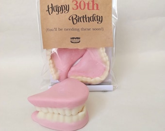 30th Birthday, Happy Birthday Gift Gummy Dentures Teeth, False Teeth, Birthday Gag Gift 30th birthday. Old Age Joke.
