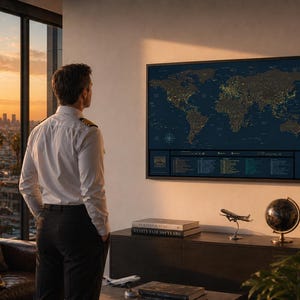 Op de afbeelding: Een ingelijste wereldkaart met verlichte stadslichten hangt aan een muur. Een persoon in een wit overhemd en een zwarte broek staat voor de kaart. Een wereldbol, modelvliegtuig en boeken staan op een donkere houten kast.