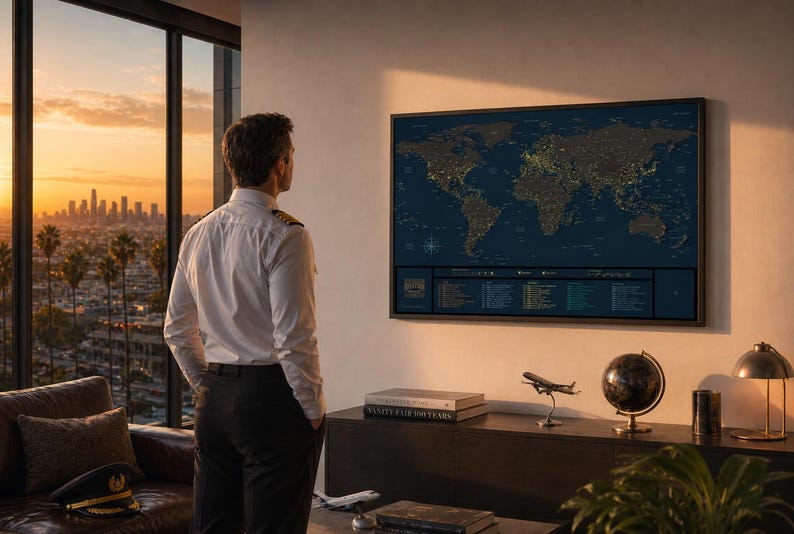 Op de afbeelding: Een ingelijste wereldkaart met verlichte stadslichten hangt aan een muur. Een persoon in een wit overhemd en een zwarte broek staat voor de kaart. Een wereldbol, modelvliegtuig en boeken staan op een donkere houten kast.