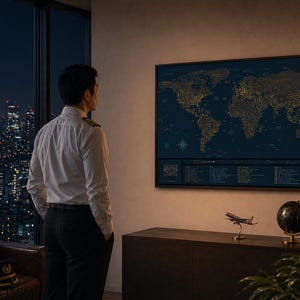 Op de afbeelding: Een ingelijste wereldkaart met verlichte stadslichten hangt aan een muur. Een persoon in een wit overhemd en een zwarte broek staat voor de kaart. Een modelvliegtuig, een wereldbol en een lamp staan op een donkere houten kast.