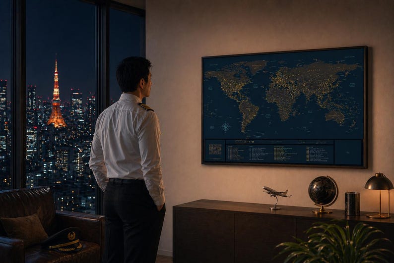 Op de afbeelding: Een ingelijste wereldkaart met verlichte stadslichten hangt aan een muur. Een persoon in een wit overhemd en een zwarte broek staat voor de kaart. Een modelvliegtuig, een wereldbol en een lamp staan op een donkere houten kast.