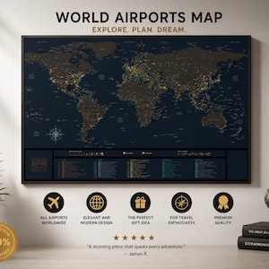 Op de afbeelding: Een wereldkaart van luchthavens in een lijst met de tekst "WORLD AIRPORTS MAP EXPLORE. PLAN. DREAM." De kaart is donkerblauw met gouden accenten. Daaronder staan iconen en tekst: "ALL AIRPORTS WORLDWIDE", "ELEGANT AND MODERN DESIGN", "THE PERFECT GIFT IDEA", "FOR TRAVEL ENTHUSIASTS".