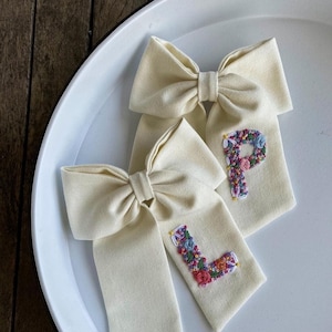Initial Hand Embroidered Bow - Custom Initial Bow - Hair Bow - Floral Hair Bow - Kids Hair Clips - Children’s Hair Bow Clip - Baby Hair Bow