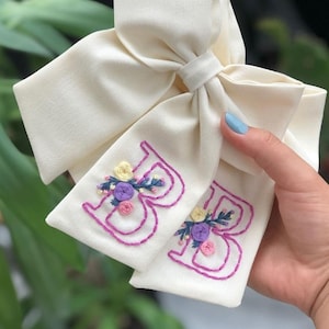 Initial Hand Embroidered Bow - Custom Initial Bow - Hair Bow - Floral Hair Bow - Kids Hair Clips - Children’s Hair Bow Clip - Baby Hair Bow