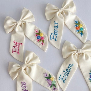 Name Hand Embroidered Bow - Custom Name Bow - Hair Bow - Floral Hair Bow - Kids Hair Clips - Children’s Hair Bow Clip - Baby Hair Bow