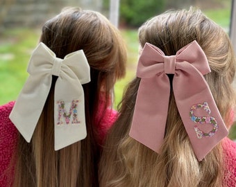 Initial Hand Embroidered Bow - Custom Initial Bow - Hair Bow - Floral Hair Bow - Kids Hair Clips - Children’s Hair Bow Clip - Baby Hair Bow