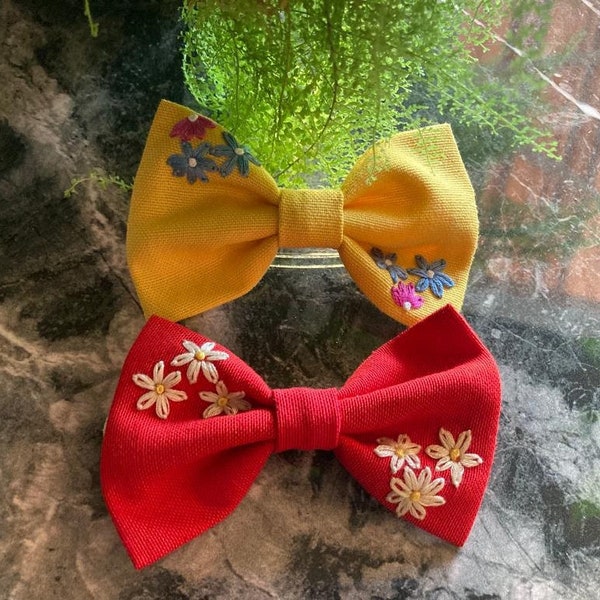 Handmade Floral Embroidered Hair Bow Clip: Linen Cotton Hair Accessory
