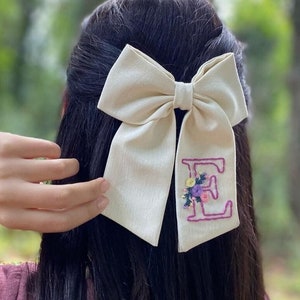 Initial Hand Embroidered Bow - Custom Initial Bow - Hair Bow - Floral Hair Bow - Kids Hair Clips - Children’s Hair Bow Clip - Baby Hair Bow