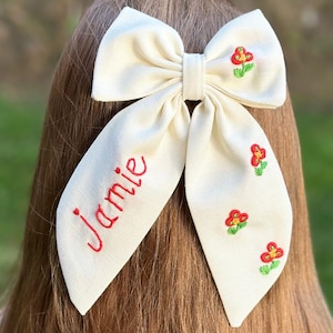 Name Hand Embroidered Hair Bow - Custom Name Bow - Hair Bow - Floral Hair Bow - Kids Hair Clips - Children’s Hair Bow Clip - Baby Hair Bow