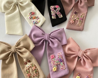 Initial Hand Embroidered Bow - Custom Initial Bow - Hair Bow - Floral Hair Bow - Kids Hair Clips - Children’s Hair Bow Clip - Baby Hair Bow