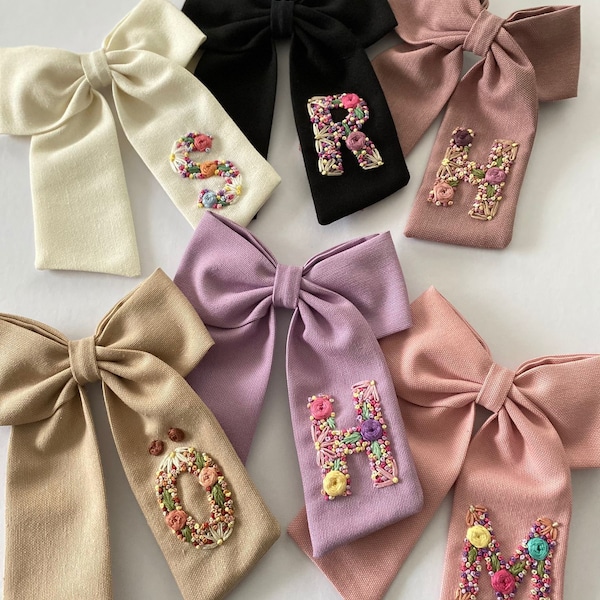 Hand Embroidered Initial Hair Bow: Custom Floral Linen Clip