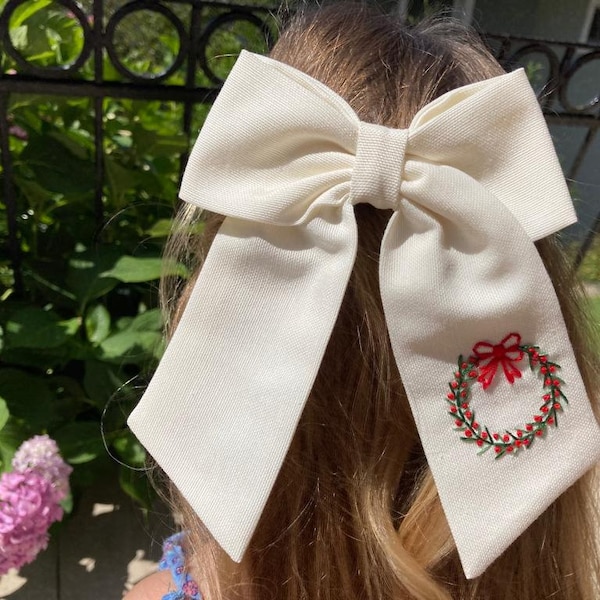 Christmas Wreath Hand Embroidered Bow  - Hair Bow - Floral Hair Bow - Kids Hair Clips - Children’s Hair Bow Clip - Baby Hair Bow