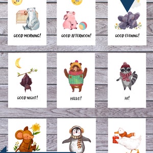 GROETEN IN HET ENGELS Flash Cards • 18 Montessorikaarten • Flash Cards Nomenclatuur FlashCards Bewerkbare Pdf Printbare kaarten kleuterschool