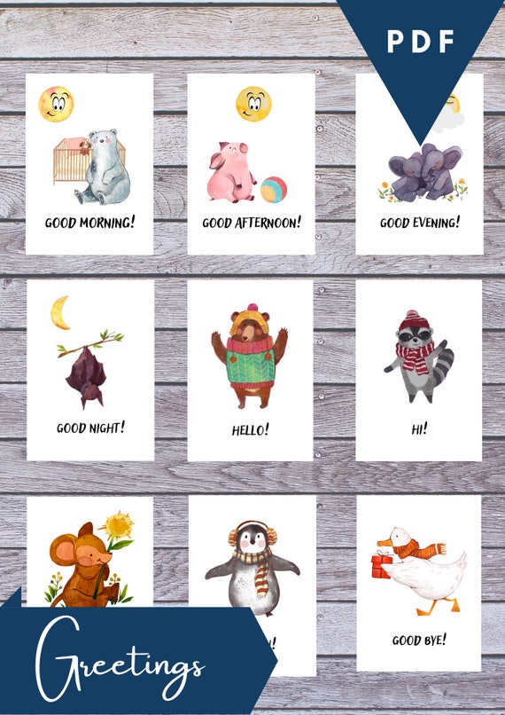 GREETINGS IN ENGLISH Flash Cards 18 Montessori Cards Flash Etsy