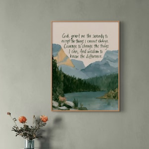 Serenity Prayer Wall Art, Christian Mountain Landscape Print, Inspirational Scripture Poster, Religious Wall Art, Christian Gift
