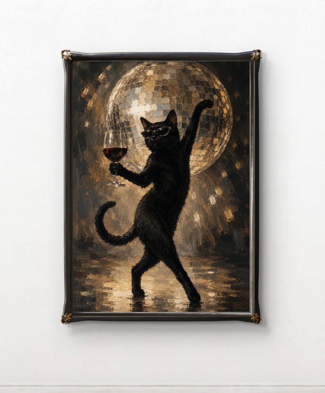 Black Cat With Wine Glass Wall Art, Disco Cat Wall Art, Funny Cat ...