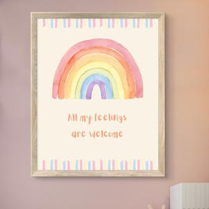 Könnte beinhalten: Ein gerahmter Aquarelldruck mit einem Regenbogen in Rosa, Orange, Gelb, Grün, Blau und Lila. Der Text "All my feelings are welcome" steht darunter. Der Rahmen ist aus hellem Holz, der Hintergrund ist cremefarben.