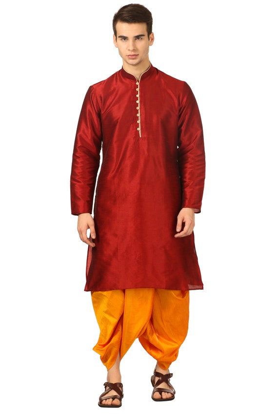 Buy Mens Handmade Art Silk Loop Button Designer Kurta Dhoti Set