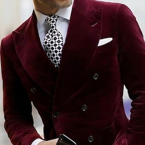 Men&#39;s Double-Breasted Burgundy Velvet Coat Six Buttons Tuxedo Slim Fit Jacket, Dinner Party, Valentines Day, Wedding Gentlemen&#39;s Blazer.
