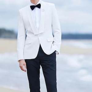 Men&#39;s White 2 Piece Suit Shawl Lapel One Button Tuxedo slim Fit, Dinner Party, Wedding Suit For Men.