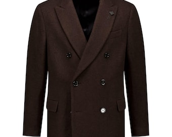 Men&#39;s Premium Old Burgundy Double Breasted Wool Overcoat Peak Lapel Knee Length Six Buttons Long Coat For Men.