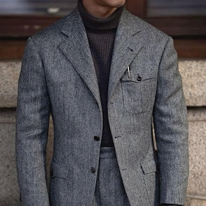 Men&#39;s Herringbone Safari Style 2 Piece Suit Safari Jacket Grey Wool Suit For Prom, Engagement, Wedding, Party, Winter Grooms Men Suit.