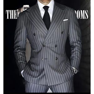 Men&#39;s Grey Pinstripe Double-Breasted Suit for Business and Formal Occasions.