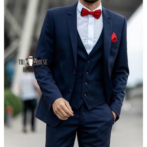 Men's Navy Blue Three-Piece Suit Slim Fit Formal Suit with Blazer, Waistcoat, and Trousers.