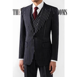 Navy Pinstripe Three-Piece Suit Single-Breasted Peak Lapel Classic Business Formal Attire.