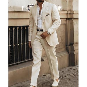 Men's Cream Linen Suit Blazer and Trousers Set for Weddings, Parties and Summer Occasions.