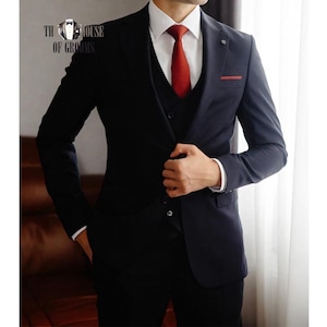 Men’s Black 3-Piece Suit Slim Fit Blazer, Vest and Trousers with Red Accents.