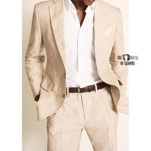Men’s Beige Linen Suit  Slim Fit Blazer and Trousers for Summer Weddings and Formal Events.