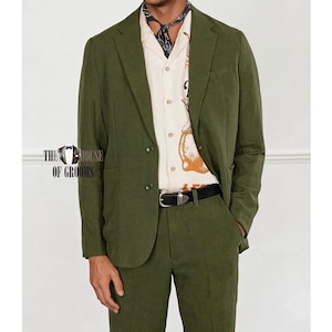 Men&#39;s Olive Green Casual Suit Lightweight Two-Piece Blazer and Trousers Set.