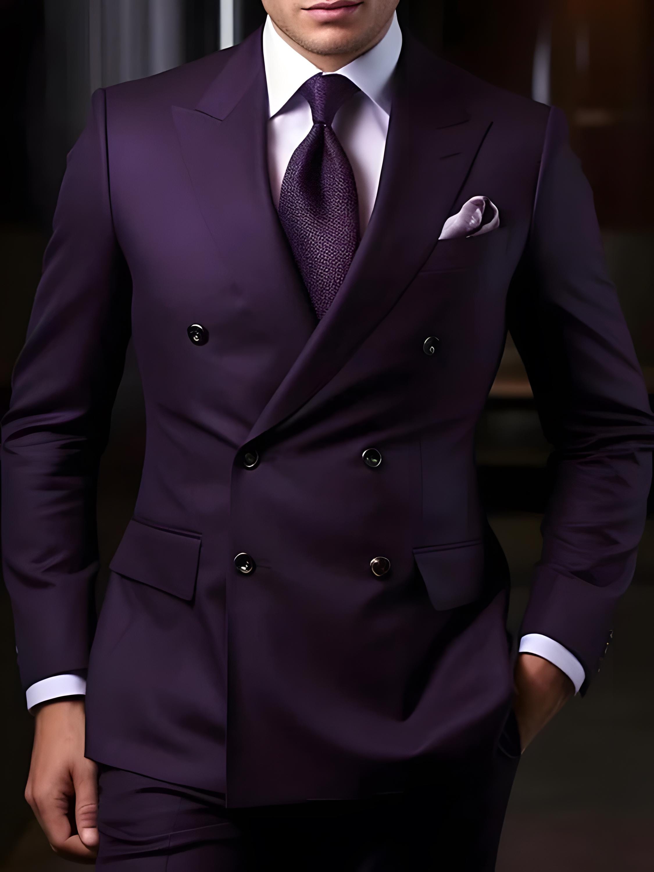 Men's Custom Fit Purple Double-breasted Suit: Terry Rayon Peak