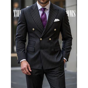 Black Pinstripe Double-Breasted Suit with Gold Buttons Peak Lapel Modern Gentleman Power Suit.