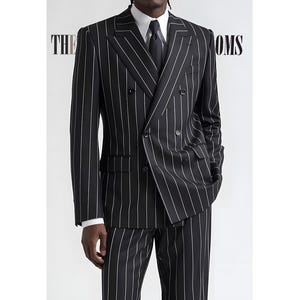 Men’s Black Pinstripe Double-Breasted Suit Wide Peak Lapel Classic Formal Wear.