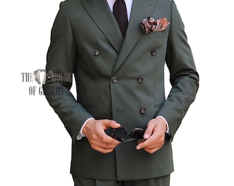 メンズ プレミアム ダークグリーン 2 ピース ダブルブレスト スーツ