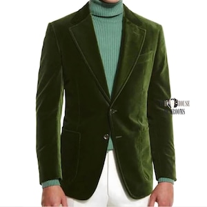 Men&#39;s Olive Green Velvet Blazer Single-Breasted Tailored Jacket.