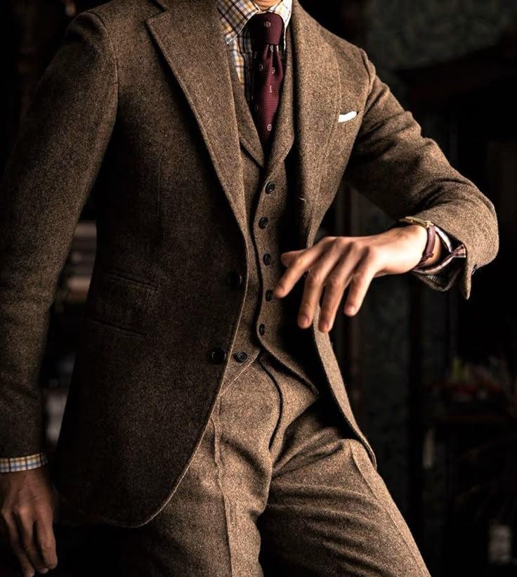 Retro Herren Dreiteiler Braun Wolle Dreiteiler Klassischer Winter Hochzeit Regular Fit Anzug Für Ihn.