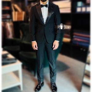 Men&#39;s Black Tuxedo Suit 2 Piece Slim Fit Formal Suit with Satin Lapel.