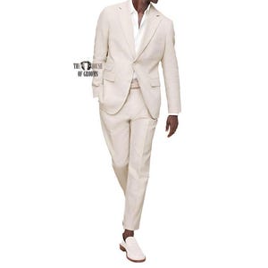 Men's Beige Linen Suit Blazer and Trousers Set for Weddings and Formal Occasions.