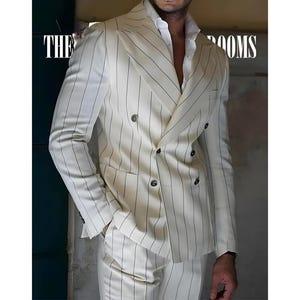 Men&#39;s White Pinstripe Double-Breasted Suit Blazer and Trousers Set for Weddings, Parties and Formal Occasions.