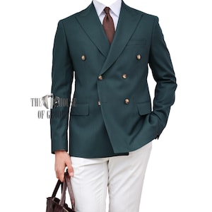 Men&#39;s Custom Double-Breasted Charleston Green 2 Piece Suit Peak Lapel Six Buttons Suit For Men.