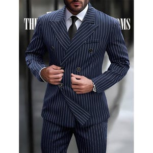 Men’s Navy Blue Pinstripe Double-Breasted Suit Wide Peak Lapel Formal Business Attire.
