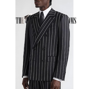 Men’s Double-Breasted Black Pinstripe Suit Classic Wide Peak Lapel Formal Set.