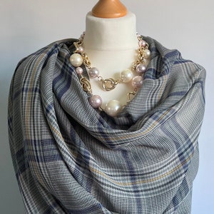 Tartan Cotton Scarf: Grey, Blue, and Yellow Plaid Shawl