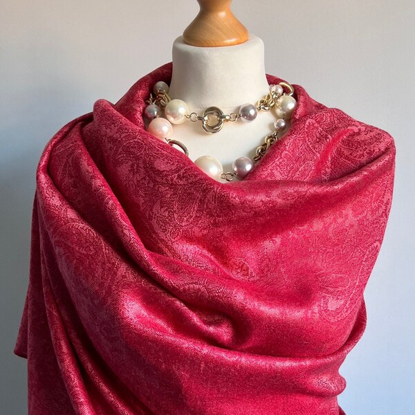 Raspberry Red Cashmere & Silk Pashmina Scarf, Silk Wedding Shawl, Warm Scarf, Luxurious Wide Shoulder Wrap UK