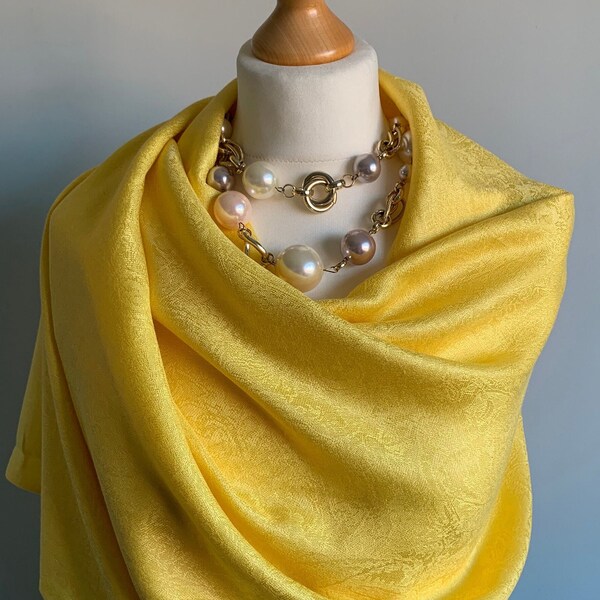 Bright Electric Yellow Cashmere & Silk Pashmina Scarf, Wedding Shawl, Warm Scarf, Pamper Gift  For Her, Wide Shoulder Wrap, UK