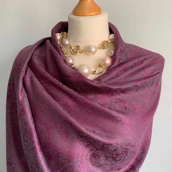 Cachemire et soie pashmina violet prune et gris cendré, châle de mariage d'hiver, écharpe longue violette enveloppante aux épaules chaudes, cadeau de luxe pour son vendeur britannique